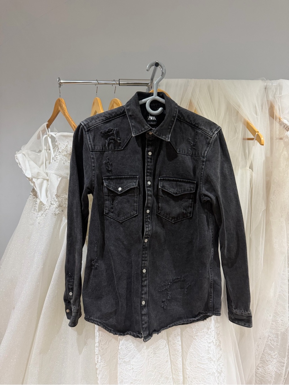 Zara Black Distressed Denim Button-Down Shirt